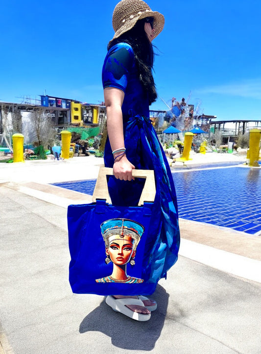 Blue Boho-Chic Waterproof Embroidered Bag with Wooden Details