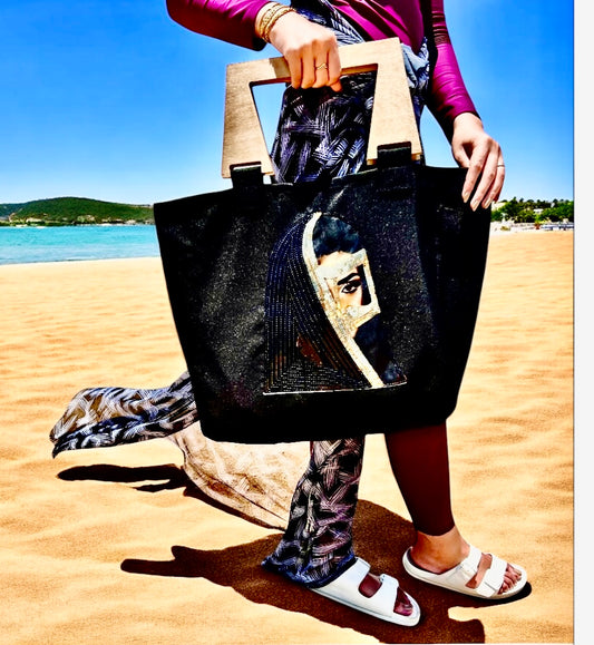 Black Boho-Chic Waterproof Embroidered Bag with Wooden handles