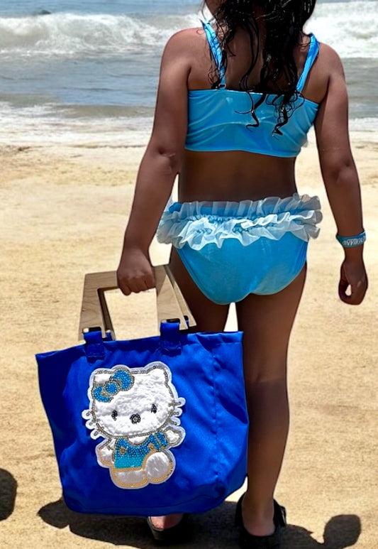 Mini Girls’ Embroidered Waterproof Tote with Wooden Handle