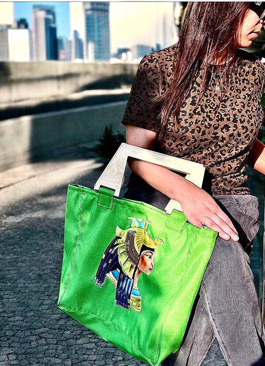 Green Boho-Chic Waterproof Embroidered Bag with Wooden Details