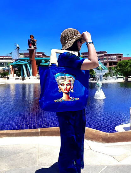 Blue Boho-Chic Waterproof Embroidered Bag with Wooden Details