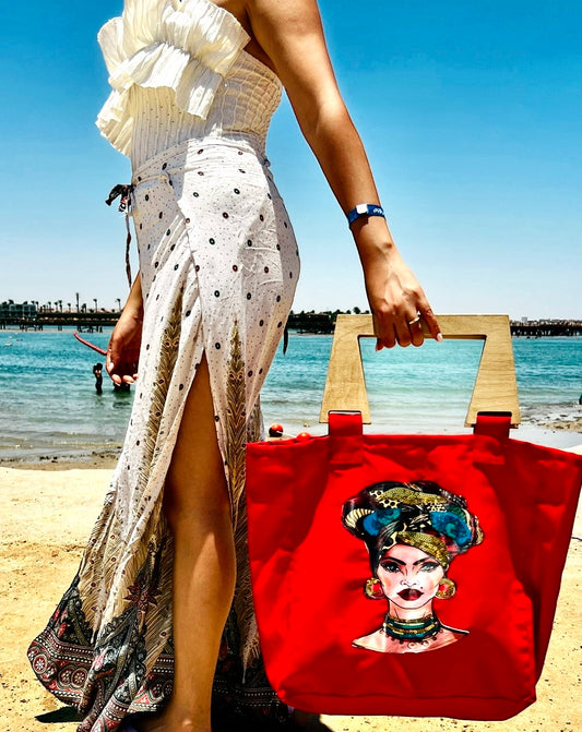 Red Boho-Chic Waterproof Embroidered Bag with Wooden Details