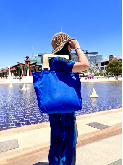 Blue Boho-Chic Waterproof Embroidered Bag with Wooden Details